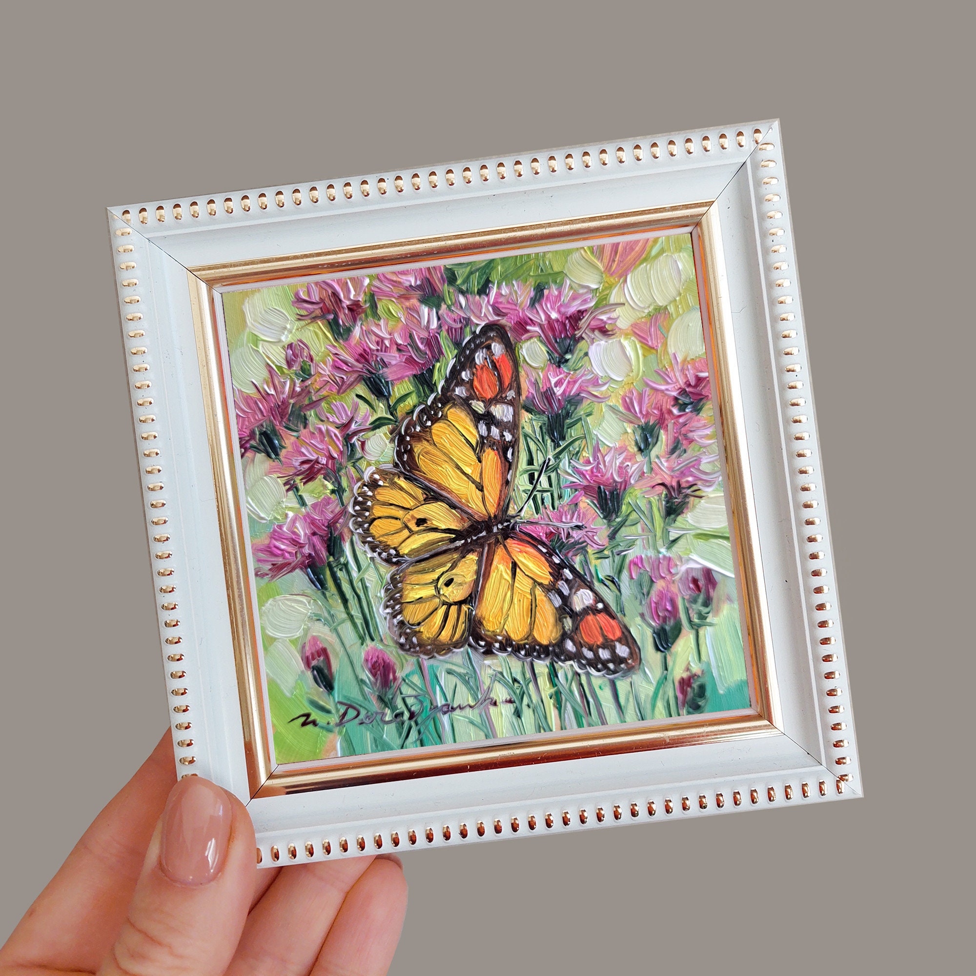 モナーク蝶アート油絵オリジナル 4x4、黄色の油絵蝶の絵額入り、蝶の壁
