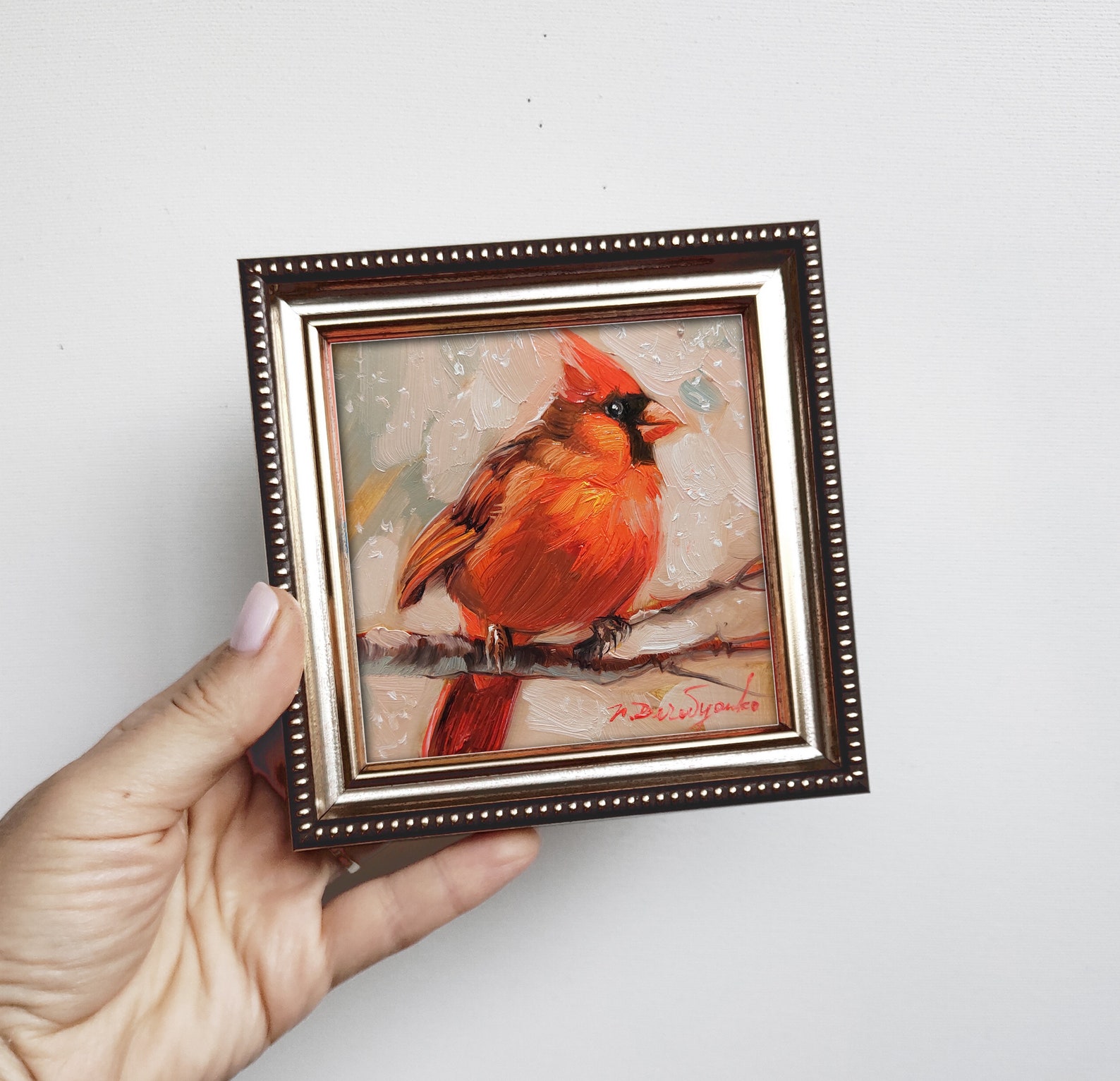 Cardinal Bird Oil Painting Original Small Art Framed, Gold Red Bird ...