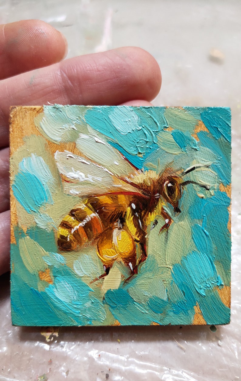 Bee Painting Oil Original 2x2 Mini Bee Artwork Turquoise | Etsy