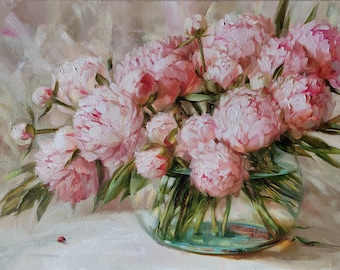 Large paintings floral canvas, Peony paintings original, Peonies in vase oil painting, Wide canvas wall art decor Valentines day gift