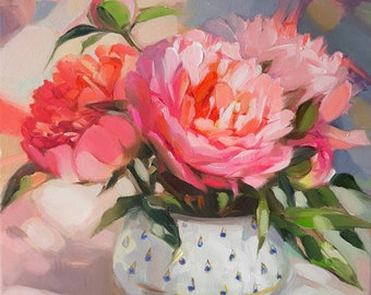 Roze pioenrozen in vaas olieverfschilderij origineel op canvas Peony muur kunst Floral hijgen home decor Bloemstukken Verjaardagscadeau voor tuinman