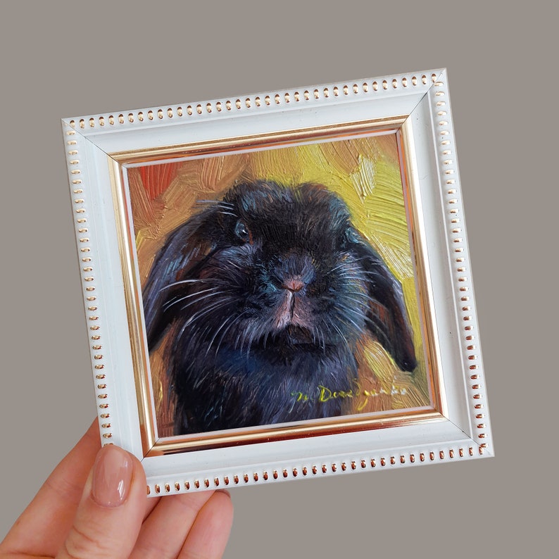 Custom pet portrait painting 4x4 in frame, Small bunny oil painting original framed artwork, Black rabbit pet portrait oil art mini gift 4x4 white frame