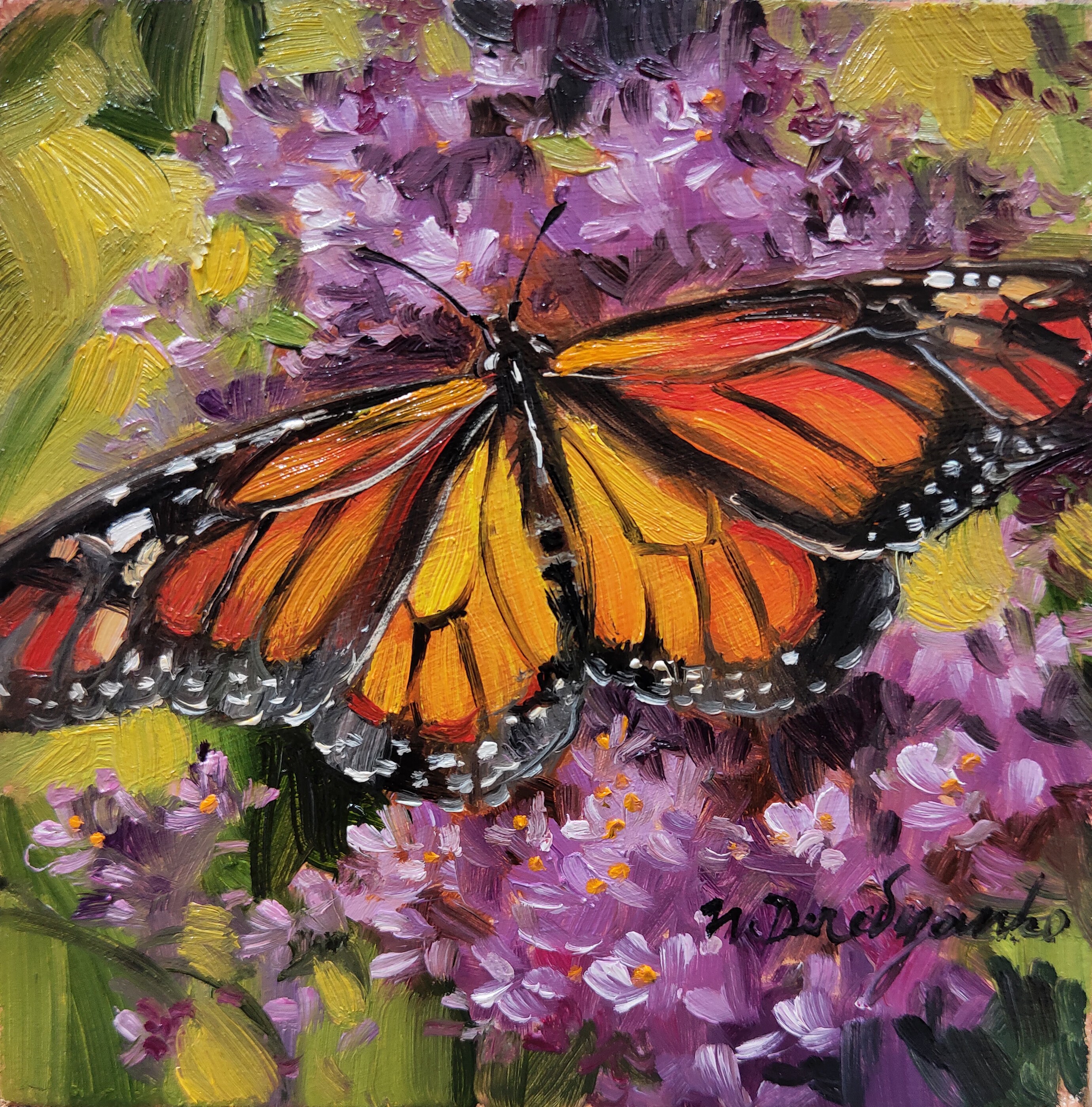 蝶のアート絵画オリジナルフレーム 4x4、オレンジ色の油絵蝶の小さな