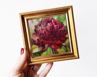 Piccolo dipinto peonia fiori rossi originali, Peonia unica arte murale, Peonie regalo d'arte per la nonna