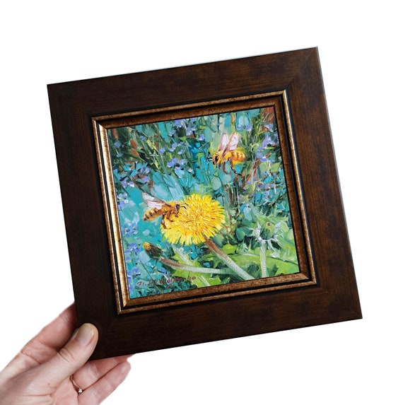 オリジナルの蜂の絵画、額装された花の油絵、記念日の贈り物 - Etsy 日本