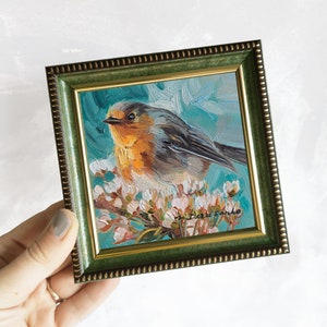 Robin bird painting original in frame, Miniature small oil painting 4x4 bird art gift for mom, Small art frame bird on blossom brunch 4x4 green frame