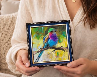 Bird Oil Painting 6x6 inch, Lilac-breasted Roller Bird Art Framed