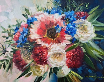 Custom Wedding Bouquet Oil Painting, Bridal Flowers Portrait, Anniversary Gift