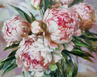 Peony flowers oil painting original canvas art, Floral peony painting wall art, Housewarming gift for her women wife