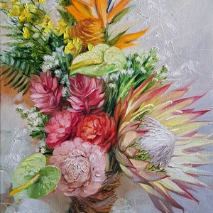 Custom Wedding bouquet painting canvas, Personalized floral oil painting original, Valentines Gift for Wife, Made to Order flowers portraits
