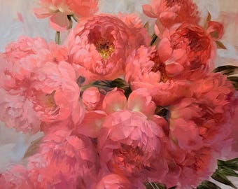 Coral Peony Oil Painting on Canvas, Large Floral Wall Art (35x35 inch)