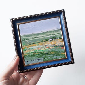 Minimalist Landscape art small abstract painting framed art, Original oil painting blue Small wall art tiny painting Mom gift