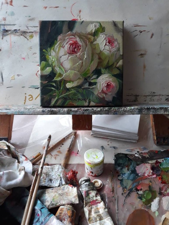 オリジナル油絵バラキャンバスアート、淡いピンクの花の壁掛けアート