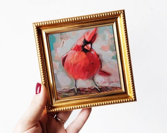 Cardenal rojo pájaro pintura al óleo original 4x4 enmarcado arte, pájaro pequeño marco arte pared decoración colgante mini pintura al óleo, pequeña pintura linda
