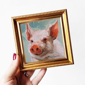 Pig artwork oil painting original art 4x4, Animal small painting frame, Nursery wall art piggy lover gift