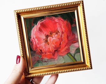 オリジナルの赤い牡丹の油絵、花束の静物画、12x10インチ - Etsy 日本