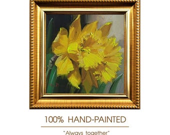 Original Daffodil Oil Painting, Framed Yellow Flowers Wall Art, 4x4 Inch Impressionist Art