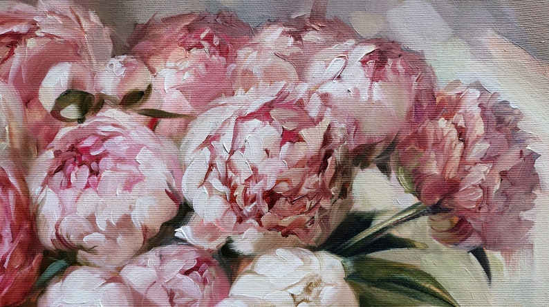 Peony painting, Oil painting original, Large floral paintings on canvas original, Peonies in glass painting, Wide canvas wall art decor image 10