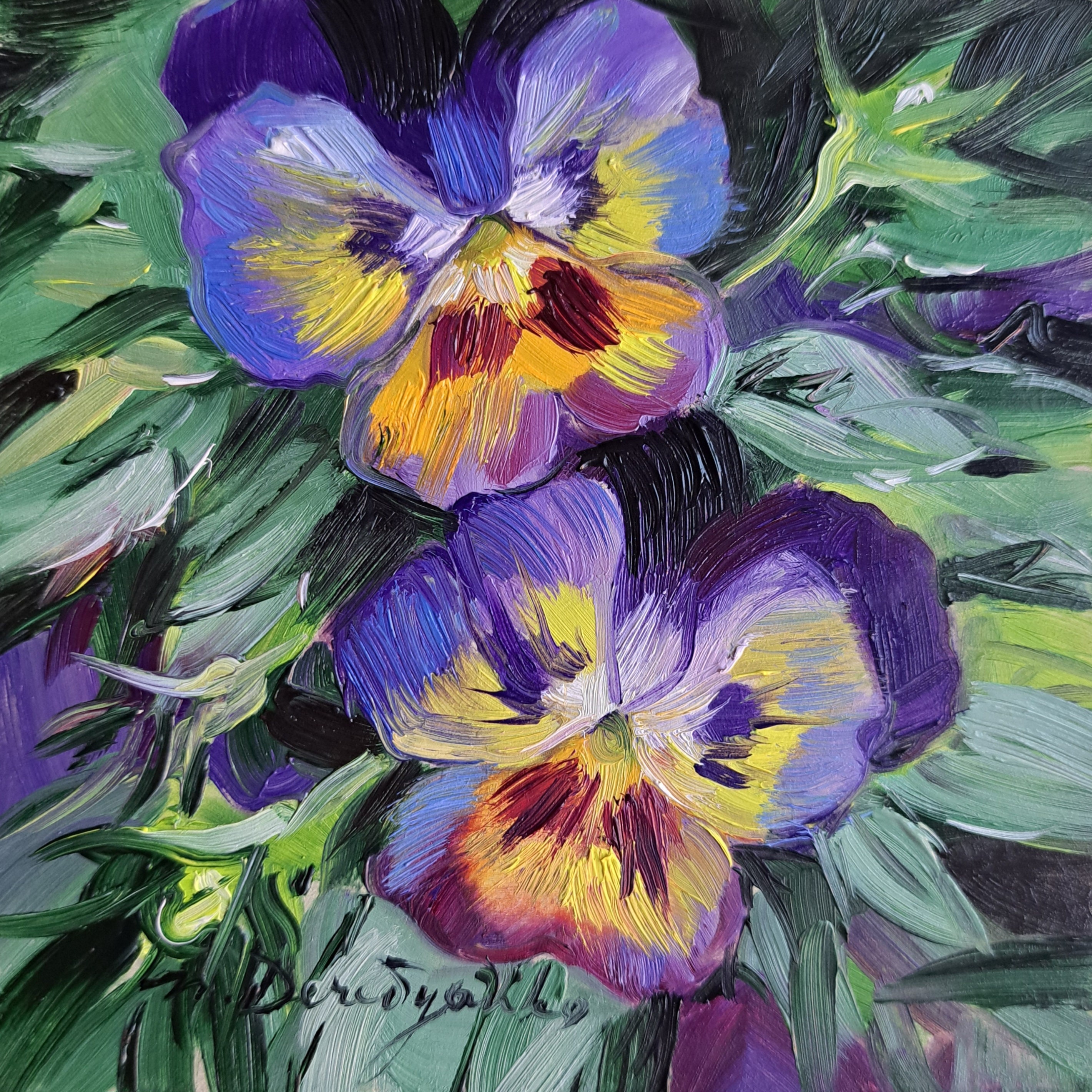紫色の花の油絵オリジナルアート 4x4、パンジーの小さなアートフレーム