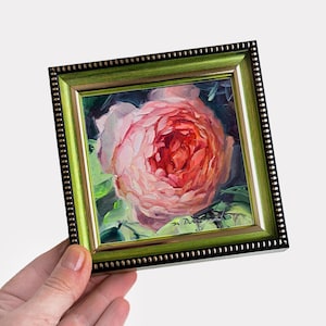 Rose painting 4x4 birthflower gift, Miniature paintings flower climbing rose decor Unique floral artwork forever rose gift Small framed art