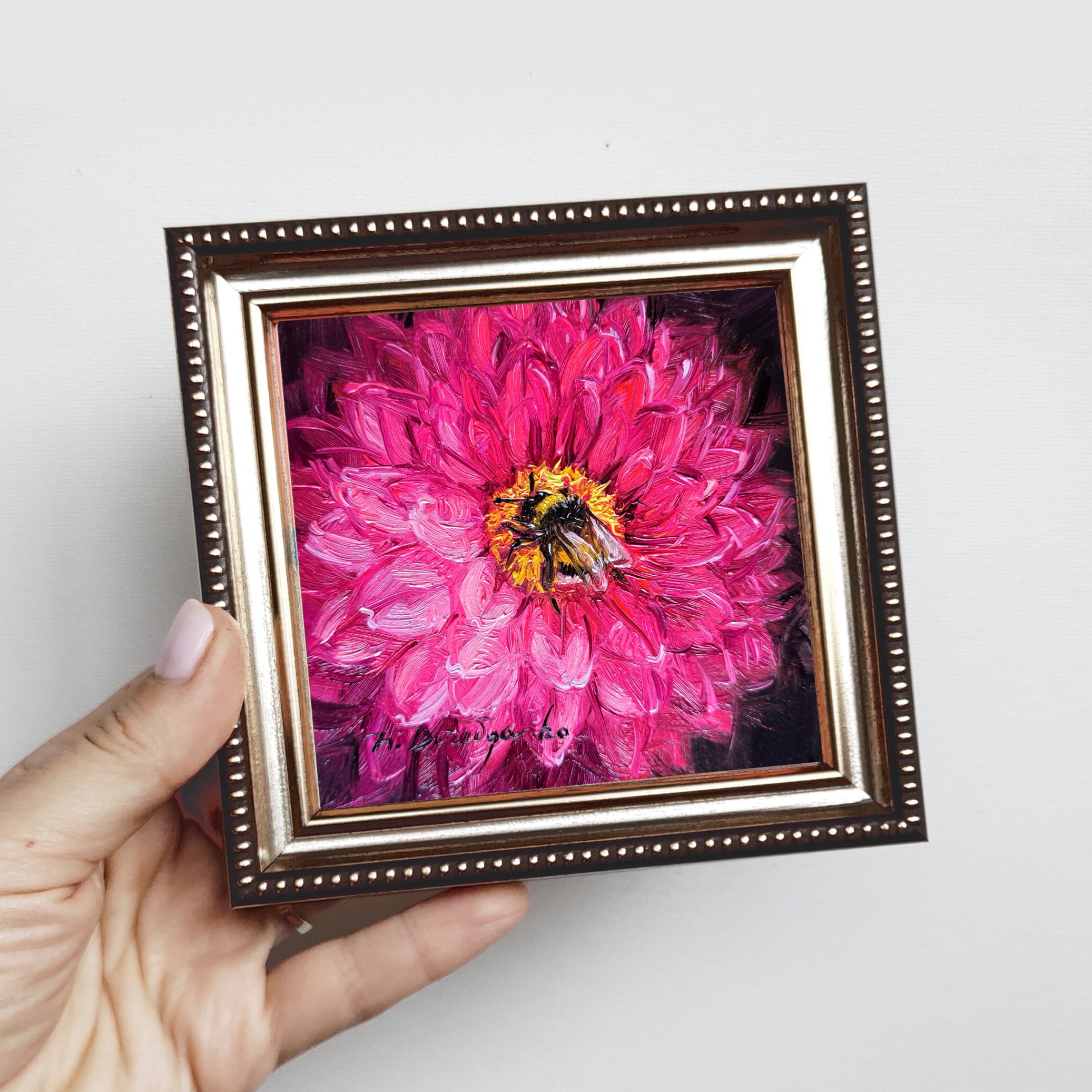 Bee oil painting original framed, Art pink flower Bee wall art in frame, Miniature painting bumblebee artwork Easter gift small picture