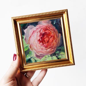 Rose flower painting 4x4 birth flower gift, Miniature paintings flower climbing rose decor floral artwork forever rose gift Small framed art