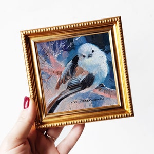 original-bird-painting-4x4-white-fluffy-bird-art-picture-in-blue-frame