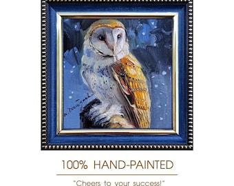 Pintura al óleo original de un búho, cuadro enmarcado de 10 x 10 cm, Colección Naturaleza.