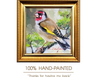 Original Goldfinch Oil Painting, Miniature Bird Wall Art, Framed 4x4 Inch Artwork