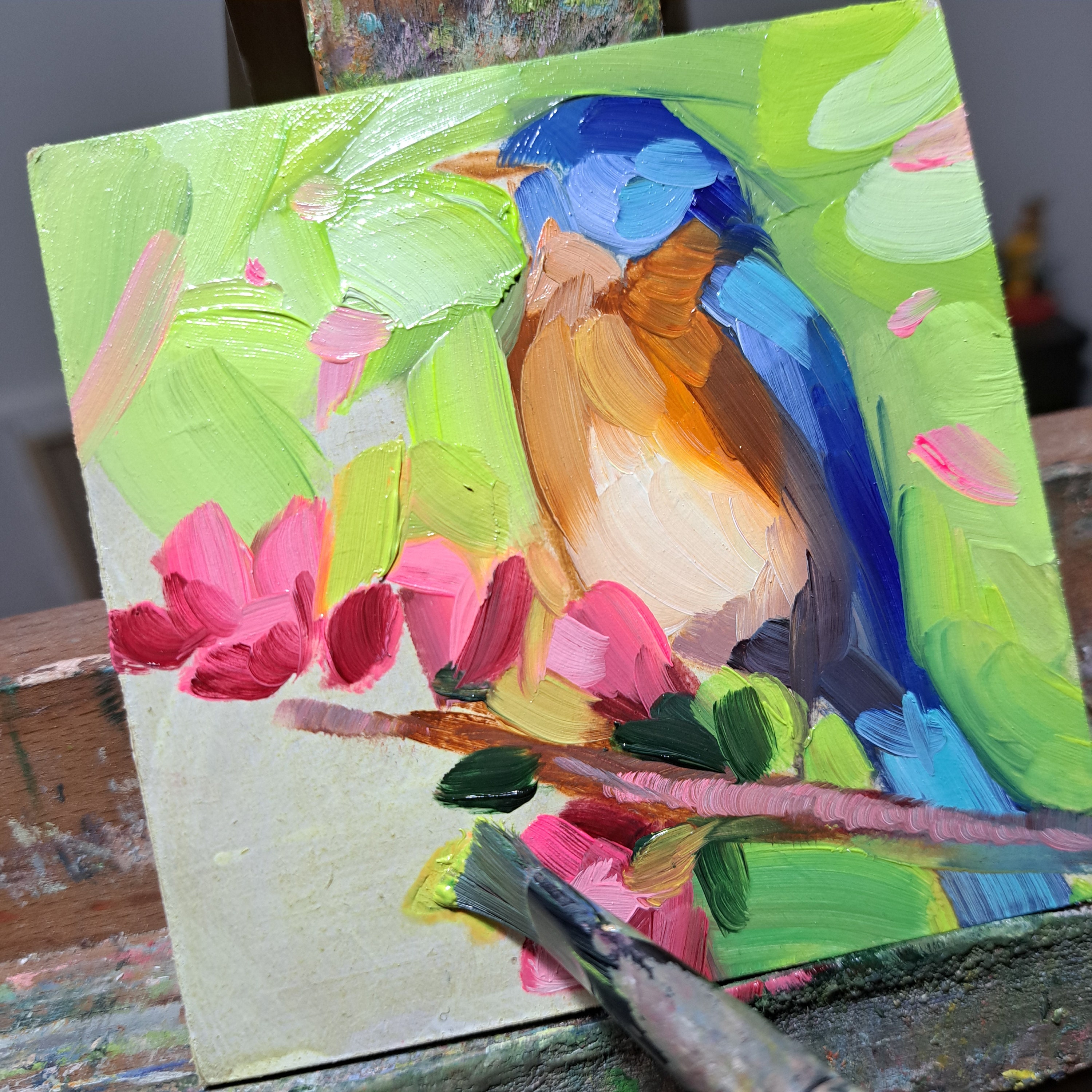 Original Bluebird Oil Painting, Framed Miniature Wall Art, 4x4