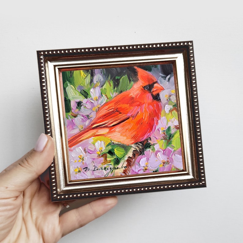 Bird Cardinal oil painting original miniature, love gift red bird artwork, home decor small painting 4x4 4x4silver-gold frame