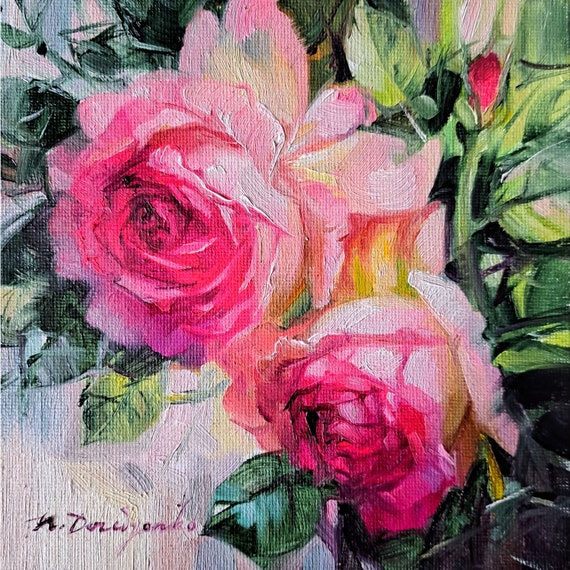 Roses Flowers Painting on Canvas, Original Flower Rose Art in Oil, Red Rose  Garden Small Painting Unique - Etsy
