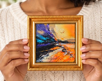 Mini Original Oil Painting, Abstract Sunset Landscape, Textured Mountain Art 4x4 Inch, Frame Options
