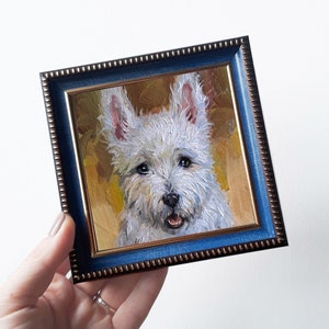 Small dog oil painting original artwork, Custom Pet portrait oil art mini gift White Terrier painting from photo 4x4 in frame 4x4 blue frame