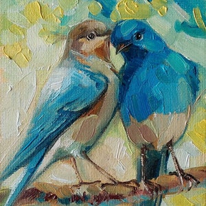 Two bird painting original canvas in wood frame, Bluebird oil painting, Bird art in frame, Small art framed love painting gift 6x4 un frame