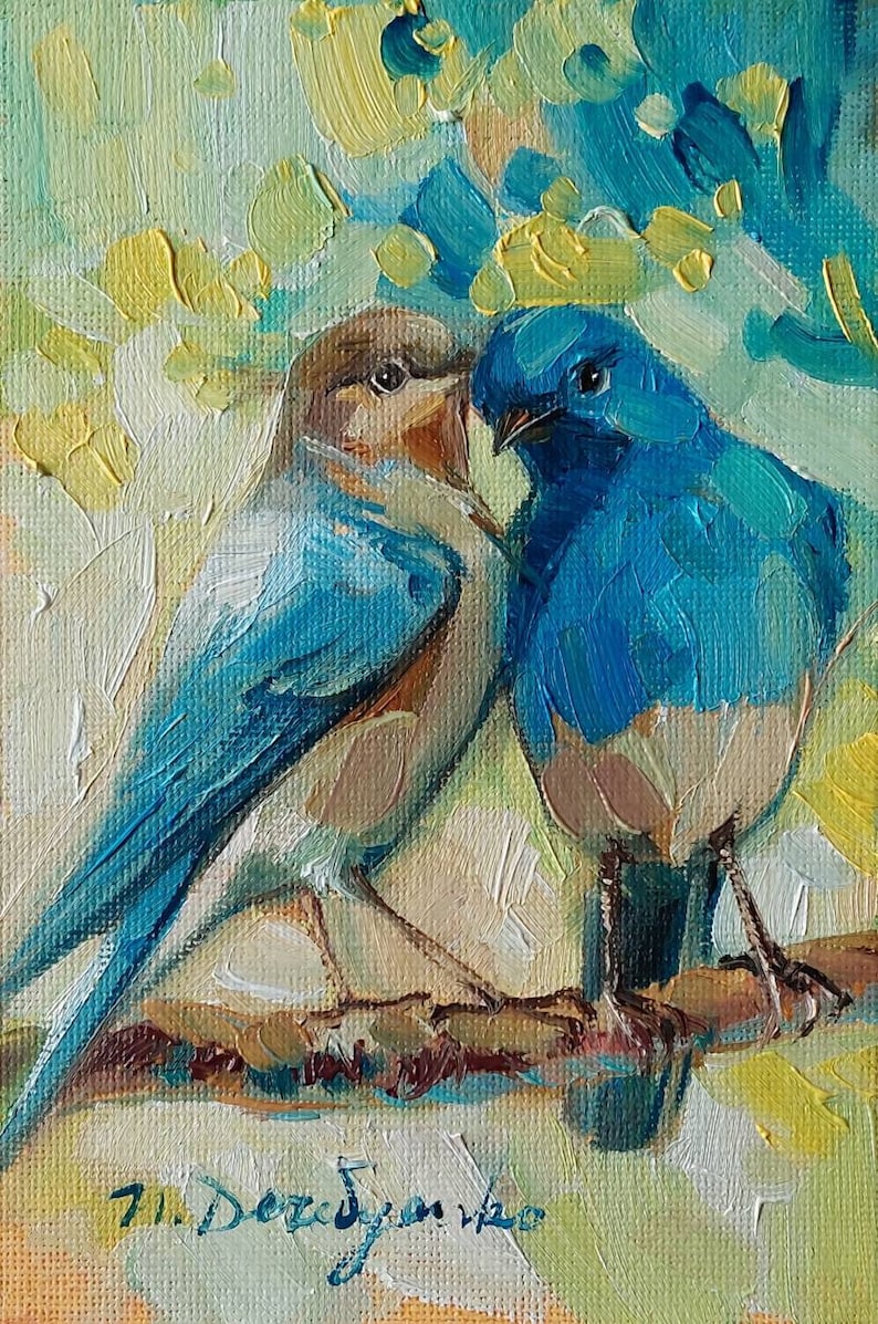 Two bird painting original canvas in wood frame, Bluebird oil painting, Bird art in frame, Small art framed love painting gift 6x4 un frame