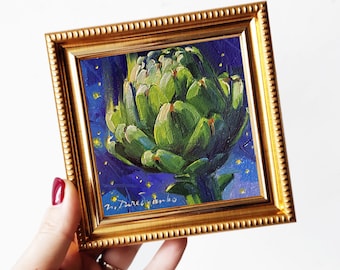 Artichoke art original oil painting framed 4x4, Tiny painting flowers, Unique flower wall art, Floral art gift best friend