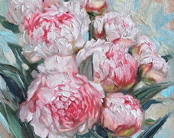 Original Peony Oil Painting, Pink Floral Art on Canvas, 8x8