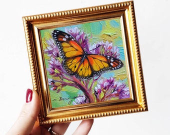 Monarch butterfly art oil painting original 4x4, Yellow oil painting butterfly picture framed, butterfly wall art best friend gift
