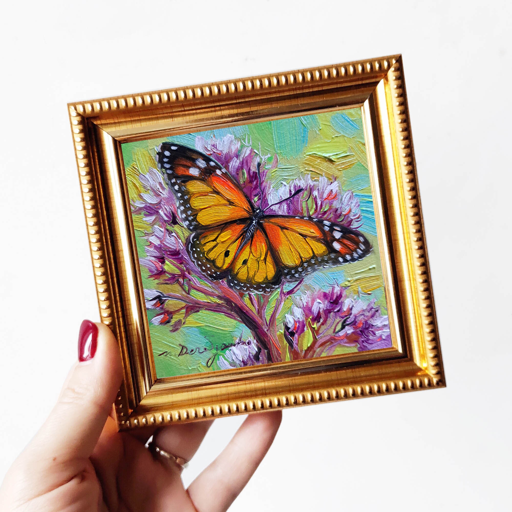 Monarch Butterfly Art Oil Painting Original 4x4, Orange Butterfly