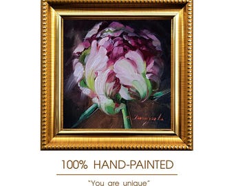 Peony oil painting original 4x4, Small painting framed dark flowers, Unique peony wall art, Floral art Valentines day gift for women
