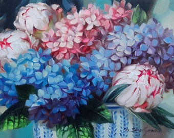 Hydrangea flowers oil painting peony art original on canvas, Valentines day gift for women, Blue purple flowers
