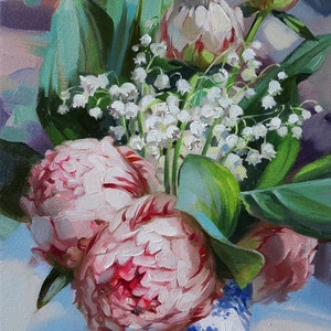 Peony bloemen olieverfschilderij origineel en Lily of the valley art Pink peony wall art Verjaardagscadeau voor vrouwen afbeelding 1