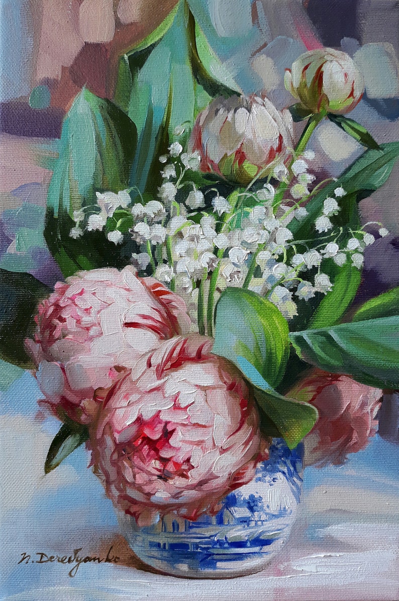 Peony flowers oil painting original and Lily of the valley art Pink peony wall art Birthday gift for women image 1