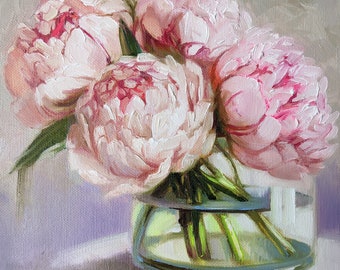 Peony flowers oil painting canvas original art, Floral painting bloom, Pink flower bouquet pink peony wall art, Birthday gift for wife