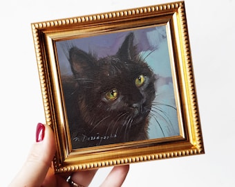 Black cat art painting 4x4 in frame, Small cat pet oil painting original framed artwork, Custom pet portrait oil art mini gift
