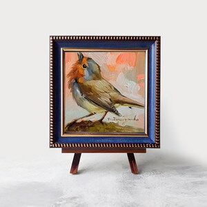 Uccello Pettirosso Dipinto Originale in Cornice, Pittura a Olio in