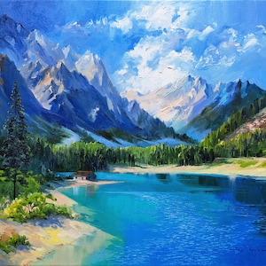 Seascape oil painting original, Lake landscape canvas painting blue sky, Landscape wall art mountain