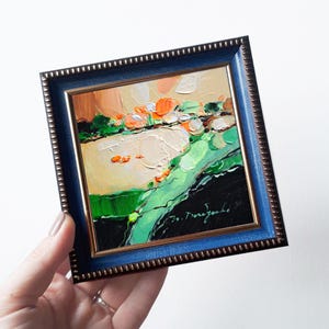 Small Landscape abstract painting framed art, Original oil painting green Small wall art tiny painting Birthday gift