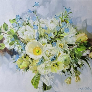 ORIGINAL Custom Bridal Bouquet Painting oil canvas art Wedding white flowers portrait from photo handpainted Anniversary gift for wife